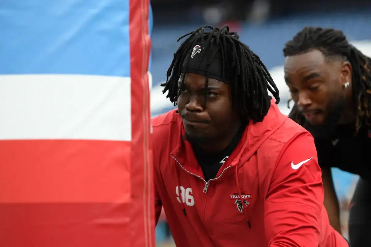 Oct 29, 2023; Nashville, Tennessee, USA; Atlanta Falcons defensive end Zach Harrison (96) T during pregame warmups at Nissan Stadium.
